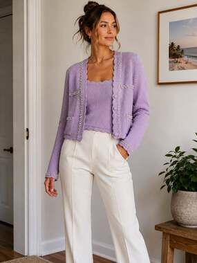 House of Harlow 1960 Lavender Knit Pearl-Embellished Cardigan and Tank Set
